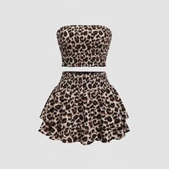 Set de bluză și fustă stratificată pentru femei din comerț exterior, cu imprimeu leopard dulce, elegant, la modă