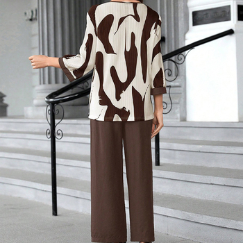 Ευρωπαϊκό και Αμερικανικό Διασυνοριακό 2024 Νέο Αφηρημένο Τυπωμένο Στρογγυλό Λαιμόκοψη Απλό Χαλαρό Ίσιο Παντελόνι Κοστούμι για Γυναίκες