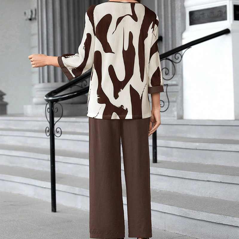 Euroopa ja Ameerika piiriülene 2024. aasta uus abstraktne trükitud ümara kaelusega lahtise ülaosaga lihtne lahtine sirge pükskostüüm naistele