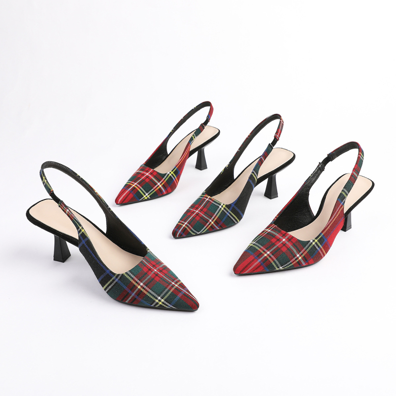 088-9 Zahraničný obchod Európsky Posledný kód Kontrastná farba Kockovaná semišová Baotou Prázdna zmes s tenkým podpätkom 7 cm Ležérne sandále na vysokom podpätku