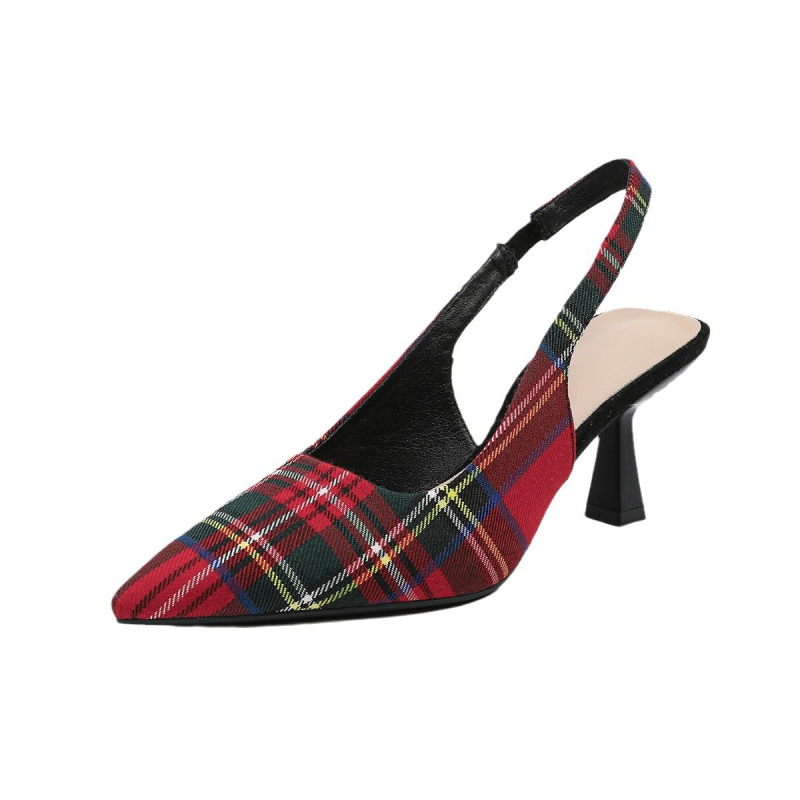 088-9 Zahraničný obchod Európsky Posledný kód Kontrastná farba Kockovaná semišová Baotou Prázdna zmes s tenkým podpätkom 7 cm Ležérne sandále na vysokom podpätku