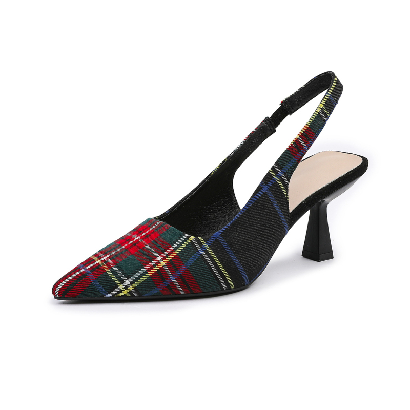 088-9 Zahraničný obchod Európsky Posledný kód Kontrastná farba Kockovaná semišová Baotou Prázdna zmes s tenkým podpätkom 7 cm Ležérne sandále na vysokom podpätku