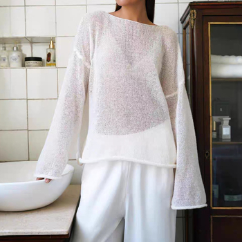 Amazon pārrobežu e-komercija Eiropā un Amerikas Savienotajās Valstīs, balta, plāna adīta Perspective blūze, sieviešu garroku vaļīgs džemperis