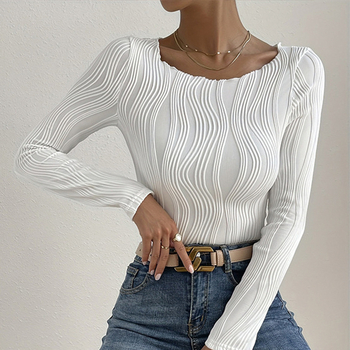 2023 Európsky a americký cezhraničný top s okrúhlym výstrihom na začiatku jesene, trendy štýlový štíhly top s dlhým rukávom a odhalenou kľúčnou kosťou, štíhly vzhľad, ľahký top pre dospelých