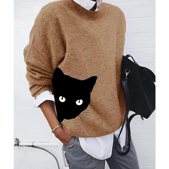 303885 Europski i američki vanjski trgovinski vrući rasprodaja džemper s mačjim printom, retro jednobojni pleteni džemper s okruglim izrezom, ženski topovi na veliko