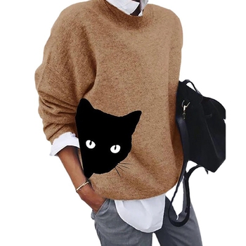 303885 Europski i američki vanjski trgovinski vrući rasprodaja džemper s mačjim printom, retro jednobojni pleteni džemper s okruglim izrezom, ženski topovi na veliko