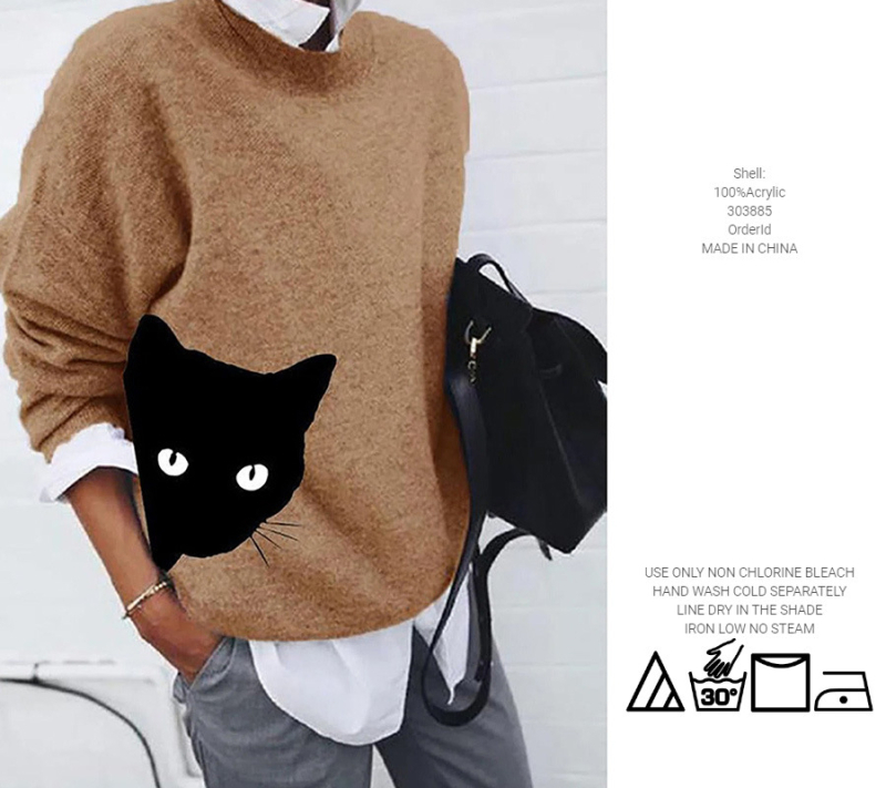 303885 Europski i američki vanjski trgovinski vrući rasprodaja džemper s mačjim printom, retro jednobojni pleteni džemper s okruglim izrezom, ženski topovi na veliko