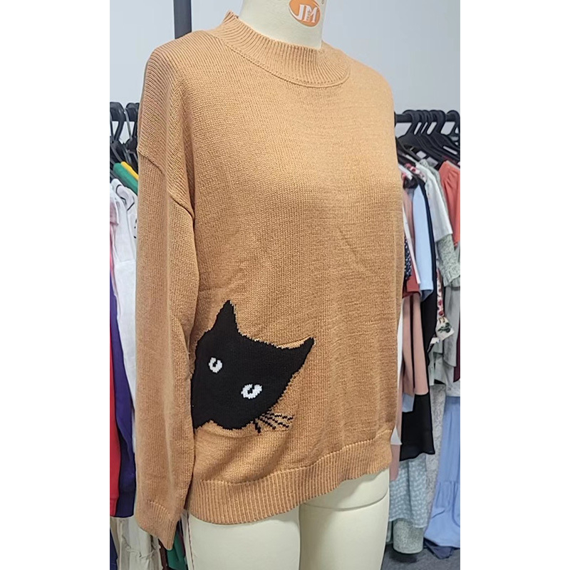 303885 Europski i američki vanjski trgovinski vrući rasprodaja džemper s mačjim printom, retro jednobojni pleteni džemper s okruglim izrezom, ženski topovi na veliko