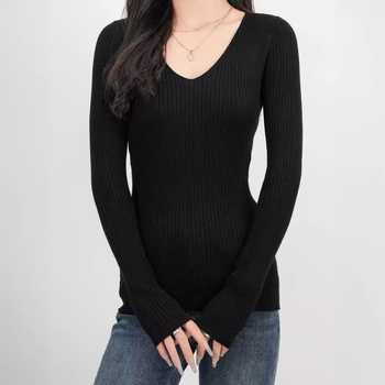 2024 Európske a americké cezhraničné dámske nové elegantné pletené tričko s dlhým rukávom a výstrihom do V, úzky tenký základný sveter