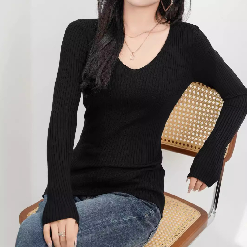 2024 Európske a americké cezhraničné dámske nové elegantné pletené tričko s dlhým rukávom a výstrihom do V, úzky tenký základný sveter