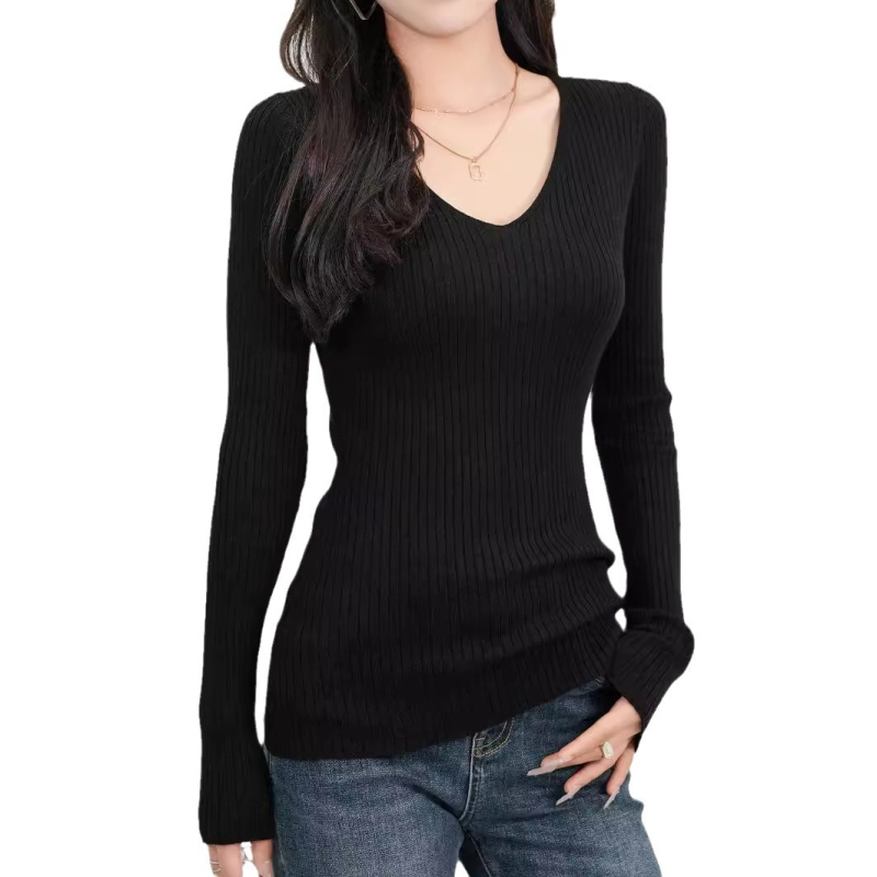 2024 Európske a americké cezhraničné dámske nové elegantné pletené tričko s dlhým rukávom a výstrihom do V, úzky tenký základný sveter