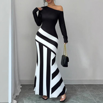Európske a americké cezhraničné jarné nové sexy asymetrické golierové nepravidelné pruhované šaty s morskou pannou a lemom