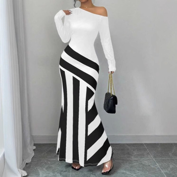Európske a americké cezhraničné jarné nové sexy asymetrické golierové nepravidelné pruhované šaty s morskou pannou a lemom