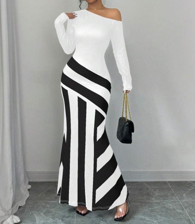 Európske a americké cezhraničné jarné nové sexy asymetrické golierové nepravidelné pruhované šaty s morskou pannou a lemom