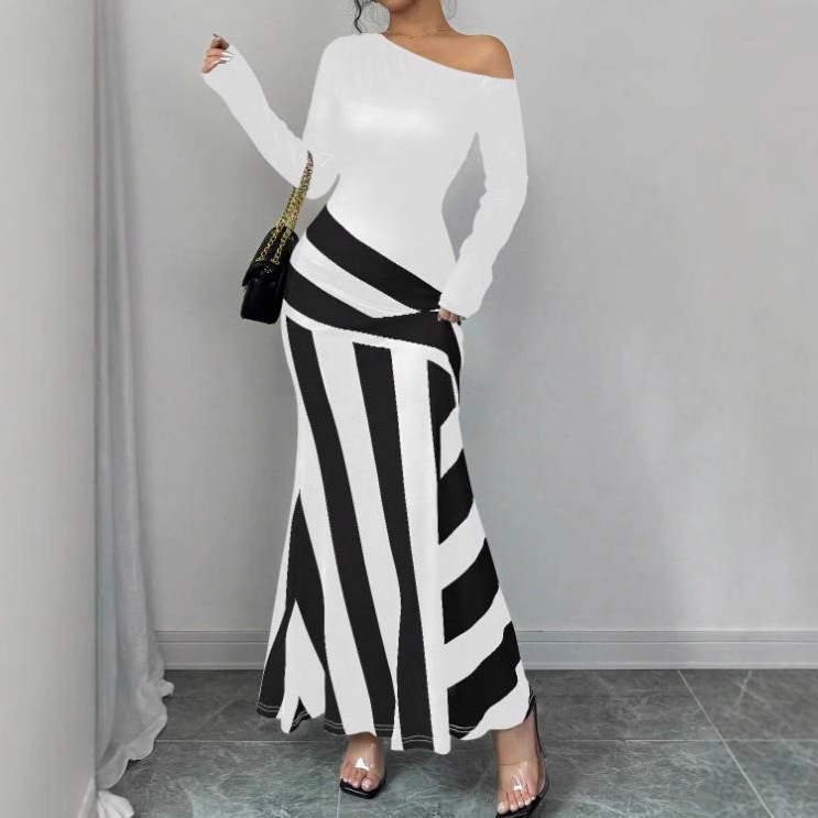 Európske a americké cezhraničné jarné nové sexy asymetrické golierové nepravidelné pruhované šaty s morskou pannou a lemom