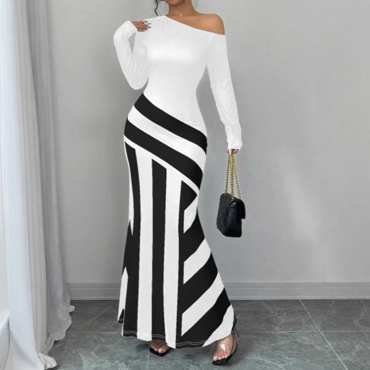 Európske a americké cezhraničné jarné nové sexy asymetrické golierové nepravidelné pruhované šaty s morskou pannou a lemom