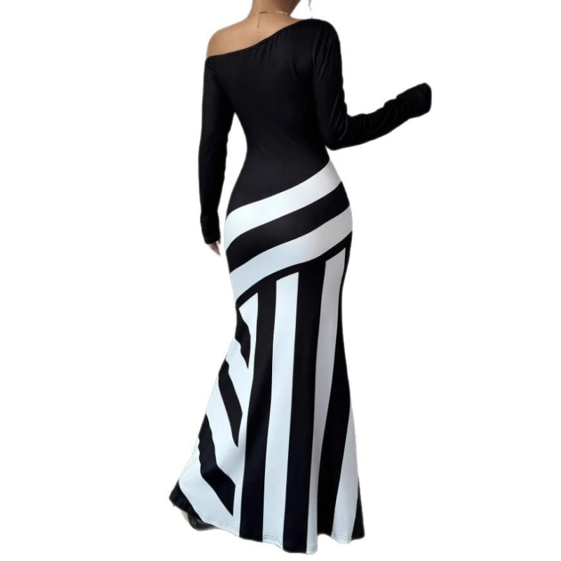 Európske a americké cezhraničné jarné nové sexy asymetrické golierové nepravidelné pruhované šaty s morskou pannou a lemom