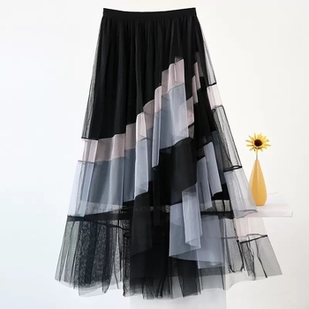 2025 нова неправилна марлена пола с контрастен цвят, мрежеста пола с висока талия, дълга тънка лятна, съчетаваща цветове