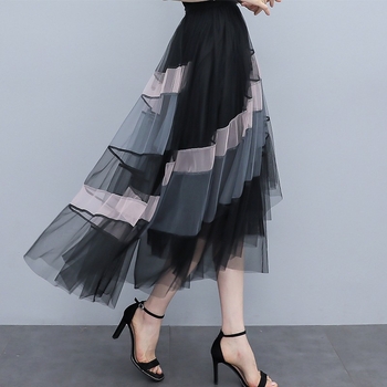 2025 нова неправилна марлена пола с контрастен цвят, мрежеста пола с висока талия, дълга тънка лятна, съчетаваща цветове