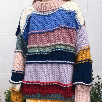 Amazon jeseň a zima nový európsky a americký štýl ručne tkaný dúhový pruhovaný kontrastný farebný sveter kabát dámsky hrubý ihličkovaný sveter