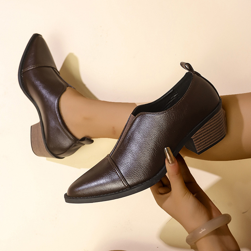 Jesenné špicaté hrubé podpätky, malé kožené topánky pre ženy, nové, plus size, retro profesionálne topánky z roku 2024, topánky s hlbokým ústami a nízkym podpätkom