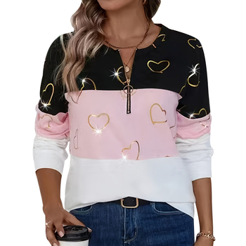 Európske a americké cezhraničné Amazon Hot-Selling Nové kontrastné farebné srdiečkové okrúhle výstrih s dlhým rukávom a bežnou mikinou sú všestranné