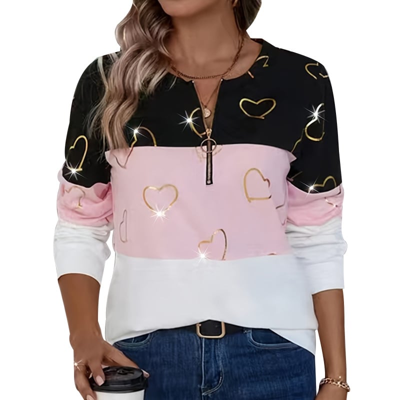 Európske a americké cezhraničné Amazon Hot-Selling Nové kontrastné farebné srdiečkové okrúhle výstrih s dlhým rukávom a bežnou mikinou sú všestranné