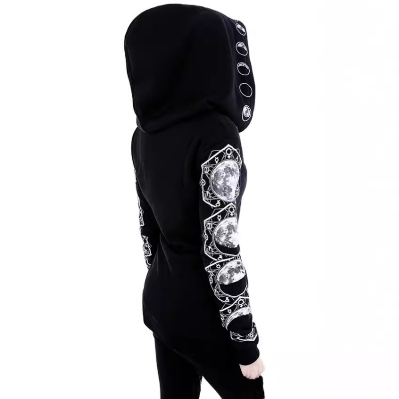 9509#2020 AliExpress WISH Amazon Explosions Μαύρο Πανκ Φόρεμα Peng με Κουκούλα και Στάμπα σε Φεγγάρι