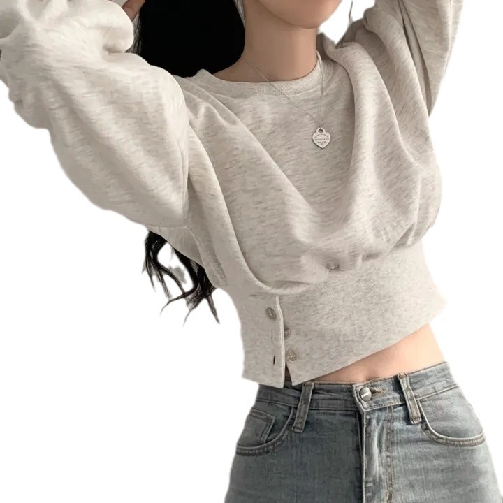 Južná Kórea elegantný jesenný dizajn s výstrihom do V, prackou v páse, zoštíhľujúci dlhý rukáv, krátky sveter s kapucňou pre ženy