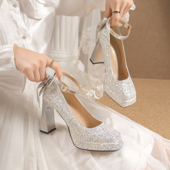 Νέα παπούτσια Mary Jane με χοντρό τακούνι και κρυστάλλινα παπούτσια γάμου, νυφικά παπούτσια, μικρά τετράγωνα παπούτσια για δεξιώσεις με ψηλοτάκουνα παπούτσια