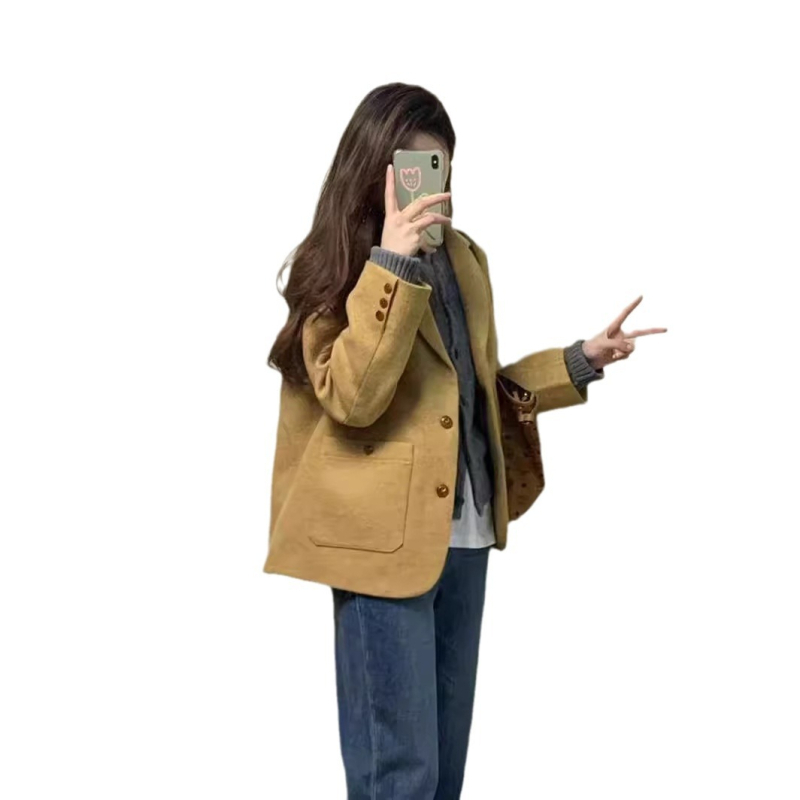 Retro britiškas trumpas korėjietiško stiliaus geltonas vilnonis viršutinis drabužis rudeniui ir žiemai