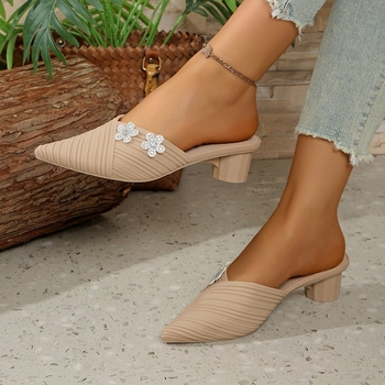 2025 Nový štýl Baotou Polpapuče pre ženy, kórejský štýl Módne špicaté špičky Hrubý podpätok Vysoké podpätky Sandále, Módne a všestranné