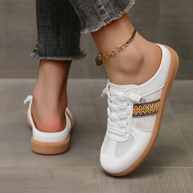 Cezhraničné plus size sieťované ležérne dámske polpapuče 2025 letné nové okrúhle ploché nohy malé biele topánky veľkoobchod