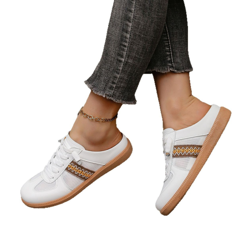 Cezhraničné plus size sieťované ležérne dámske polpapuče 2025 letné nové okrúhle ploché nohy malé biele topánky veľkoobchod