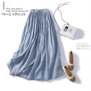 2023 Nový letný štýl Japonský a kórejský voľný zoštíhľujúci vzhľad a elegantná ľanová sukňa Dlhá sukňa Bavlnená a ľanová elastická sukňa s veľkým lemom pre ženy