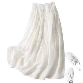 2023 Nový letný štýl Japonský a kórejský voľný zoštíhľujúci vzhľad a elegantná ľanová sukňa Dlhá sukňa Bavlnená a ľanová elastická sukňa s veľkým lemom pre ženy