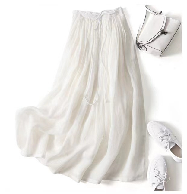 2023 Nový letný štýl Japonský a kórejský voľný zoštíhľujúci vzhľad a elegantná ľanová sukňa Dlhá sukňa Bavlnená a ľanová elastická sukňa s veľkým lemom pre ženy