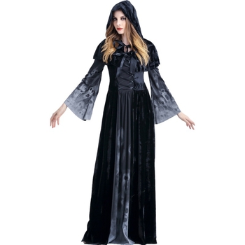 Νέο Halloween με κρανίο και εκτύπωση μάγισσας, ευρωπαϊκής και αμερικανικής καταγωγής, μακρύ φόρεμα βαμπίρ, φόρεμα βασίλισσας, φόρεμα με κουκούλα