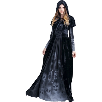 Νέο Halloween με κρανίο και εκτύπωση μάγισσας, ευρωπαϊκής και αμερικανικής καταγωγής, μακρύ φόρεμα βαμπίρ, φόρεμα βασίλισσας, φόρεμα με κουκούλα