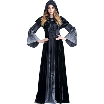 Νέο Halloween με κρανίο και εκτύπωση μάγισσας, ευρωπαϊκής και αμερικανικής καταγωγής, μακρύ φόρεμα βαμπίρ, φόρεμα βασίλισσας, φόρεμα με κουκούλα