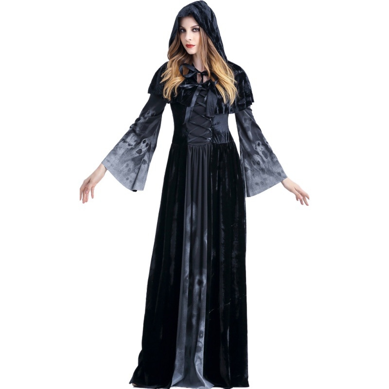 Halloween Nové lebky Potlač čarodejnice Európske a americké dlhé upírske šaty Kráľovské šaty s kapucňou