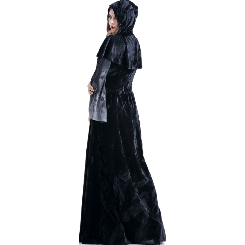 Halloween Nové lebky Potlač čarodejnice Európske a americké dlhé upírske šaty Kráľovské šaty s kapucňou