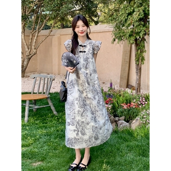 Nové dámske šaty s potlačou chinoiserie, letné šaty z roku 2024, malé volajúce sa rukávy, jemná veterná pracka, dlhá sukňa do A