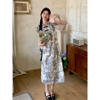 Nové dámske šaty s potlačou chinoiserie, letné šaty z roku 2024, malé volajúce sa rukávy, jemná veterná pracka, dlhá sukňa do A