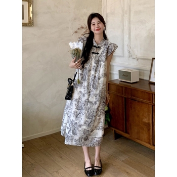 Nové dámske šaty s potlačou chinoiserie, letné šaty z roku 2024, malé volajúce sa rukávy, jemná veterná pracka, dlhá sukňa do A