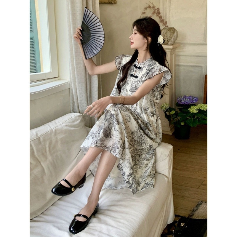 Nové dámske šaty s potlačou chinoiserie, letné šaty z roku 2024, malé volajúce sa rukávy, jemná veterná pracka, dlhá sukňa do A