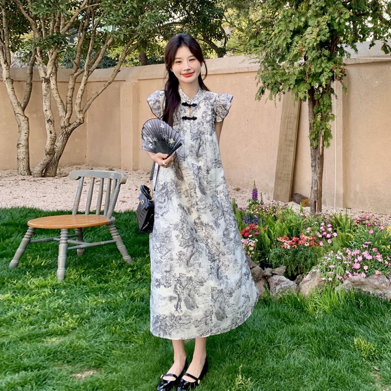 Nové dámske šaty s potlačou chinoiserie, letné šaty z roku 2024, malé volajúce sa rukávy, jemná veterná pracka, dlhá sukňa do A