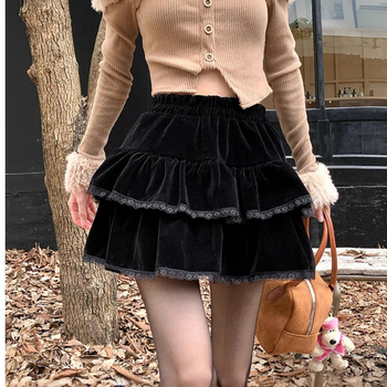 Čierna zamatová dvojvrstvová sukňa pre ženy, jar, jeseň a zima, nový vysoký pás, zoštíhľujúci dizajn, čipka, áčkový strih, nafúknutá sukňa