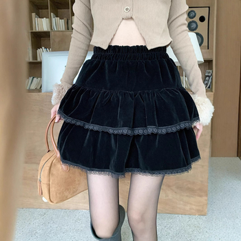 Čierna zamatová dvojvrstvová sukňa pre ženy, jar, jeseň a zima, nový vysoký pás, zoštíhľujúci dizajn, čipka, áčkový strih, nafúknutá sukňa