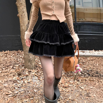 Čierna zamatová dvojvrstvová sukňa pre ženy, jar, jeseň a zima, nový vysoký pás, zoštíhľujúci dizajn, čipka, áčkový strih, nafúknutá sukňa